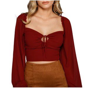 NWT Windsor Burgundy Tie-Front Cropped Puff Sleeve Blouse Smocked Back